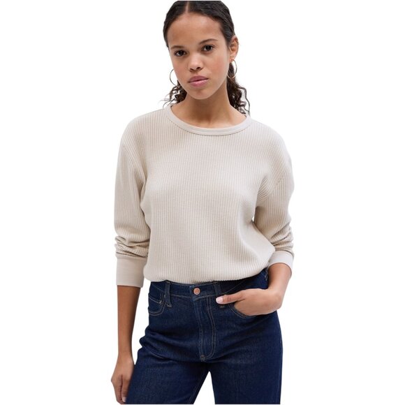 Gap Moonstone Beige Long Sleeve Chunky Waffle Crewneck Shirt Size Small - Picture 1 of 8
